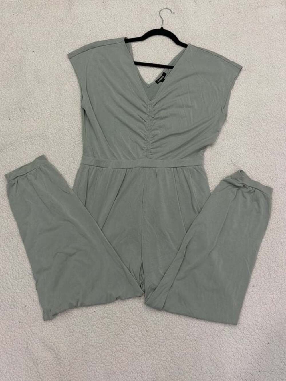Express Sage Green Ruched V-Neck Jogger Jumpsuit Size L